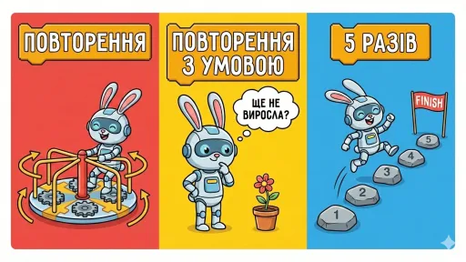 Графіка: робот-заєць ілюструє програмування. Повторення на каруселі, з умовою біля квітки та 5 разів до фінішу.